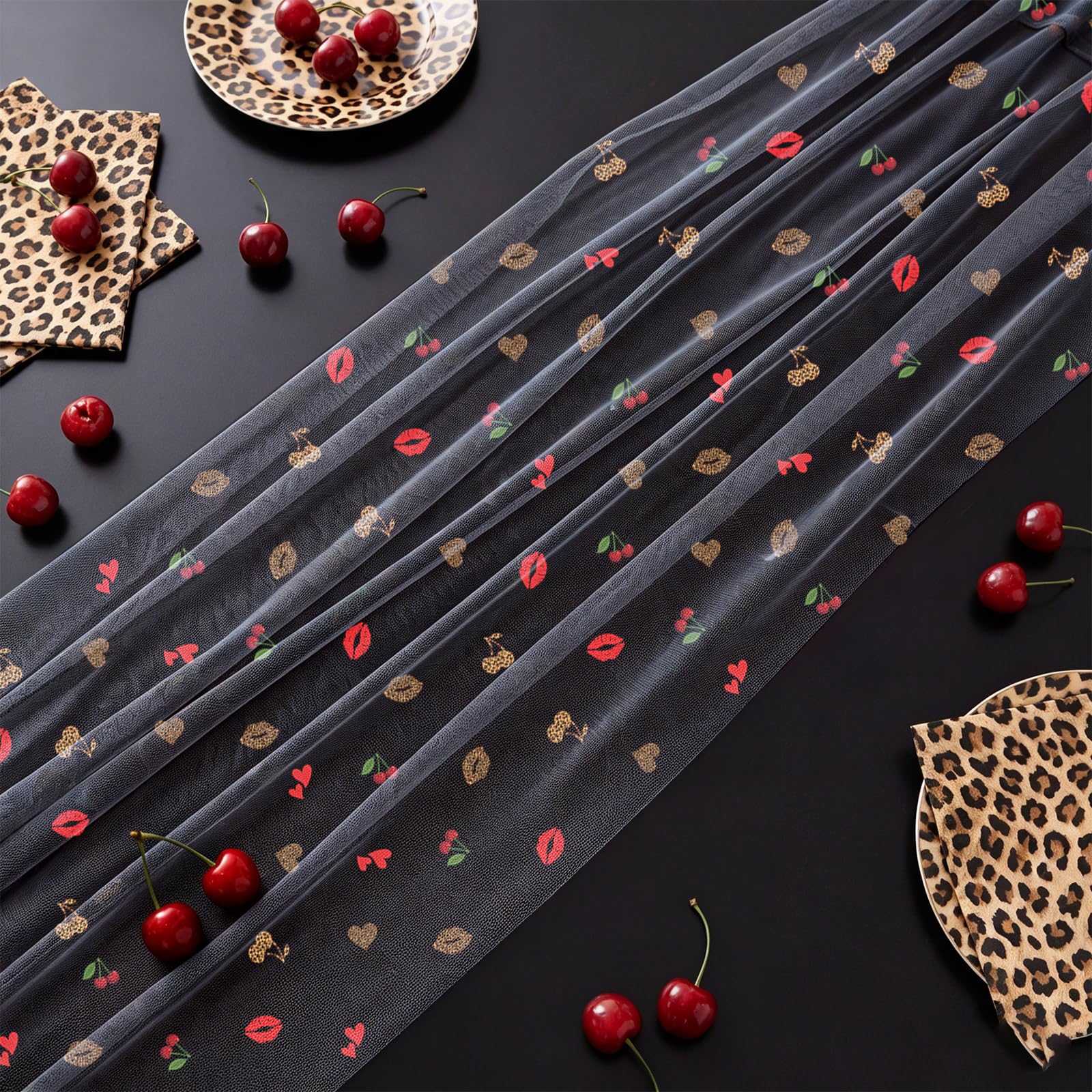 Red cherry and red lip motifs on CrystalSylara table runner