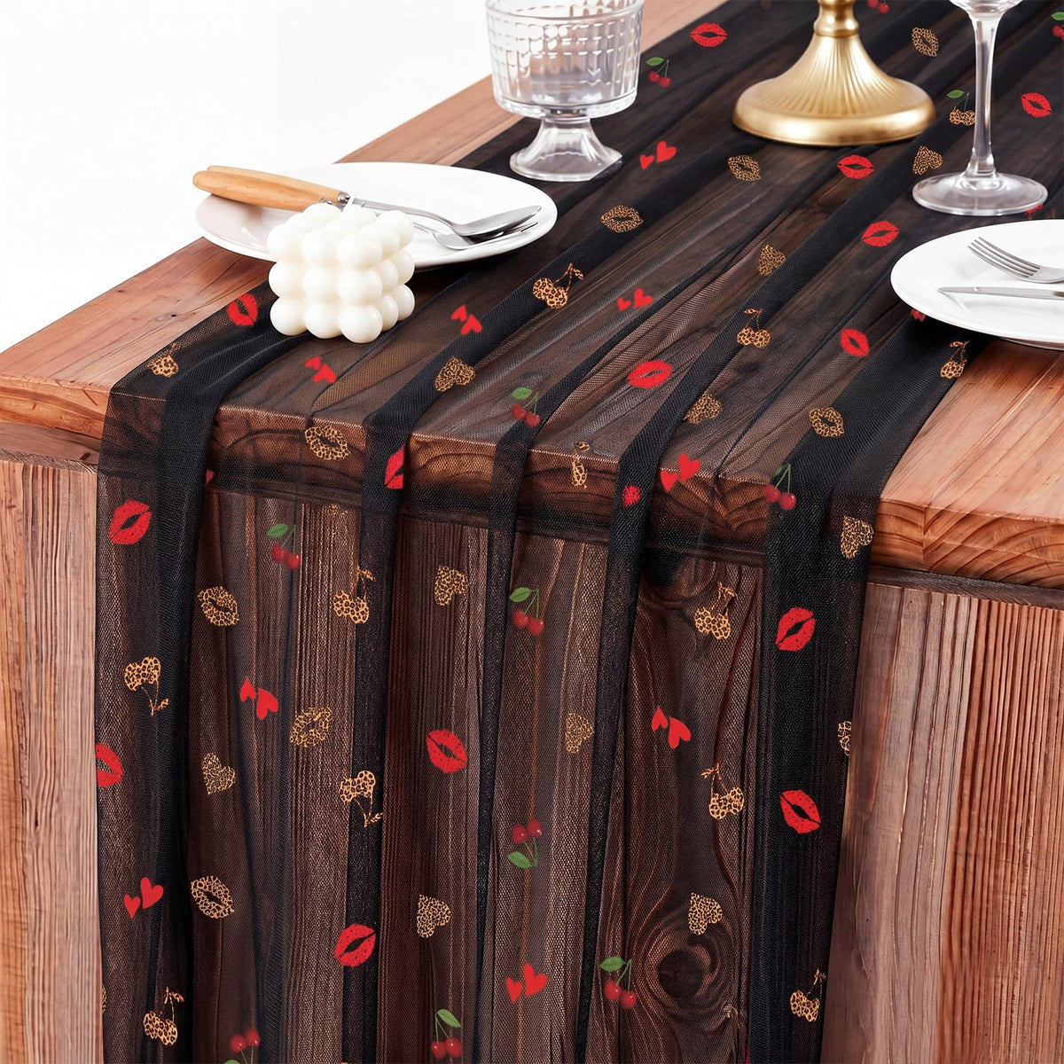 CrystalSylara Cherry Cheetah Table Runner 28x120 black sheer with leopard print