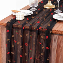 CrystalSylara Cherry Cheetah Table Runner 28x120 black sheer with leopard print
