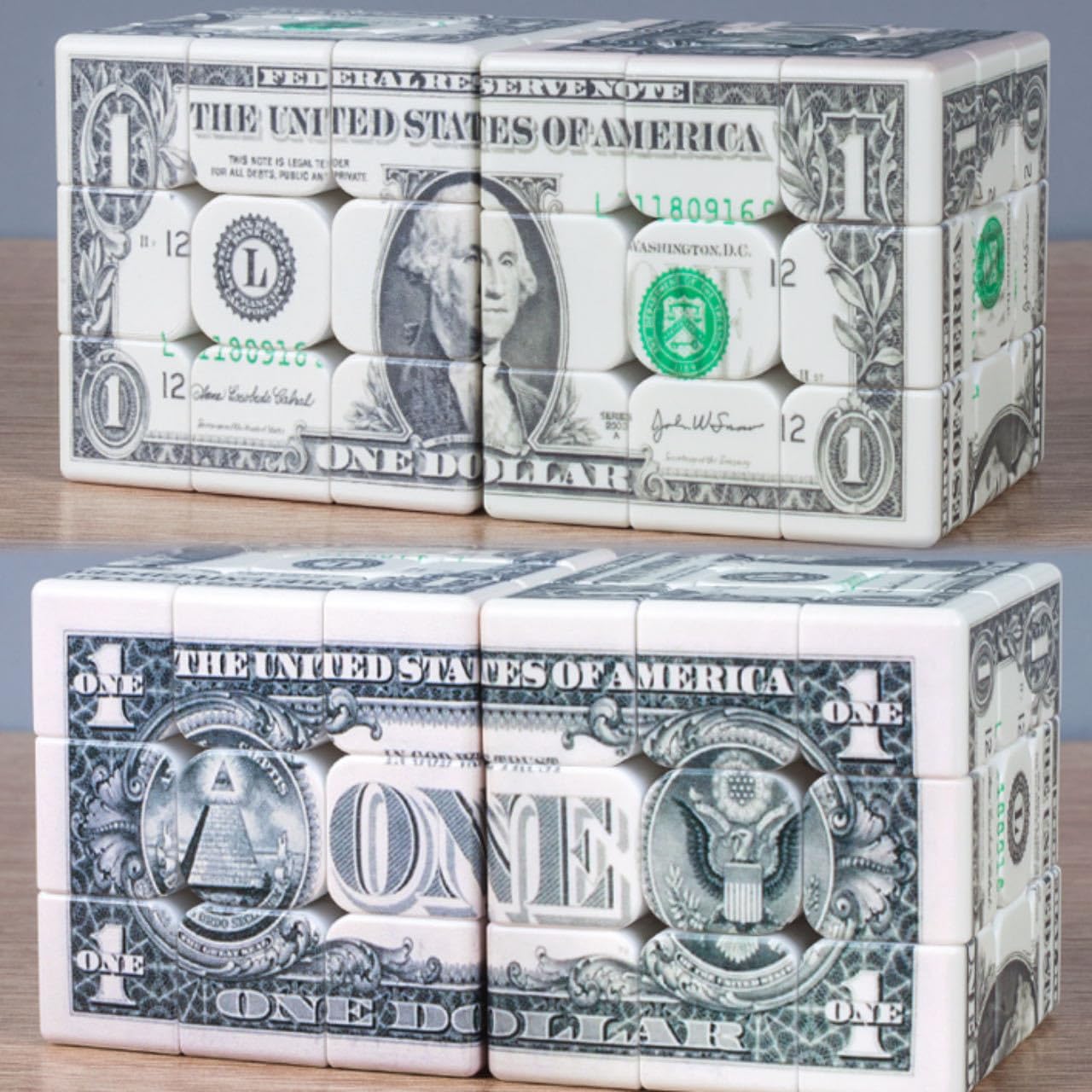 Dollar Cube 3x3 showing three printed dollars on puzzle faces
