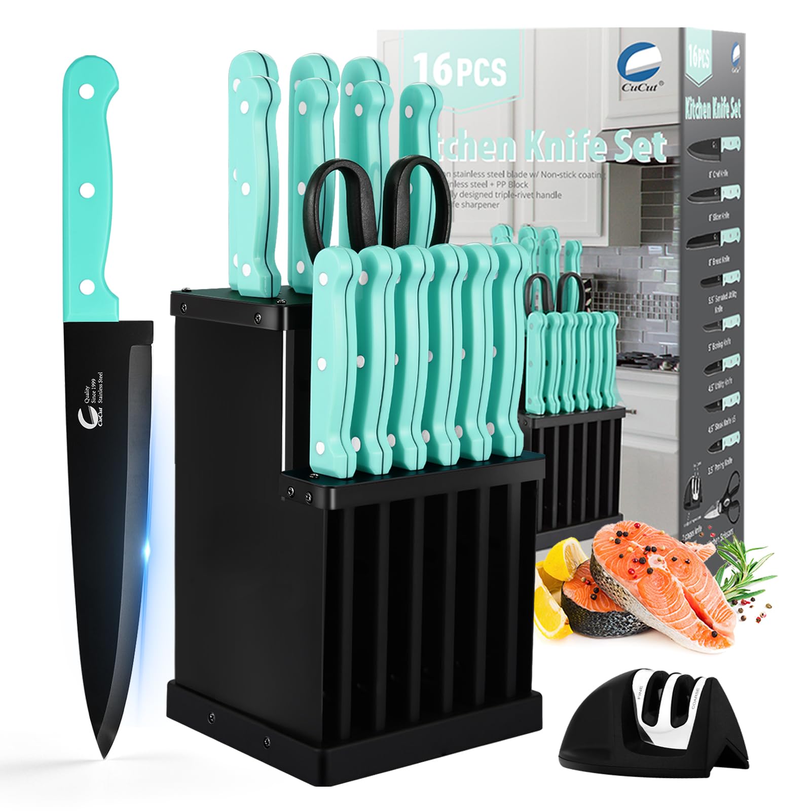 CuCut 16-Piece Kitchen Knife Set with Block turquoise handles