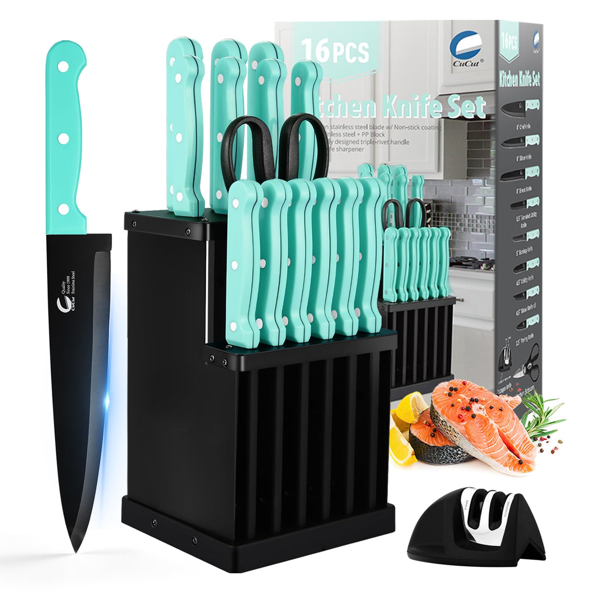 CuCut 16-Piece Kitchen Knife Set with Block turquoise handles