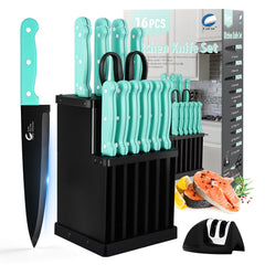 CuCut 16-Piece Kitchen Knife Set with Block turquoise handles