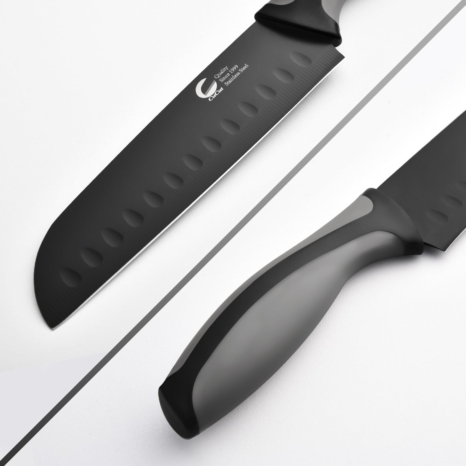 Anti-slip black and gray handle on CuCut knives