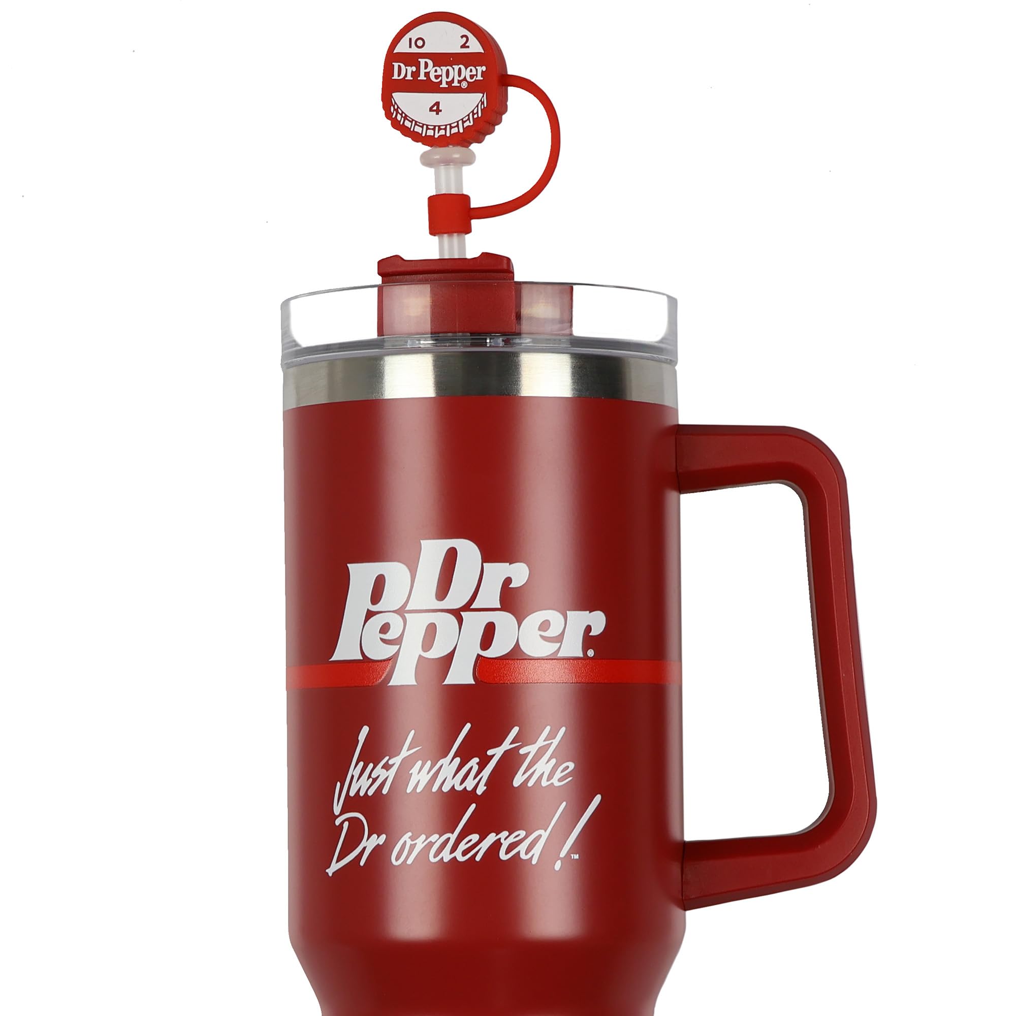Silicone straw topper with Dr Pepper bottle-cap graphic
