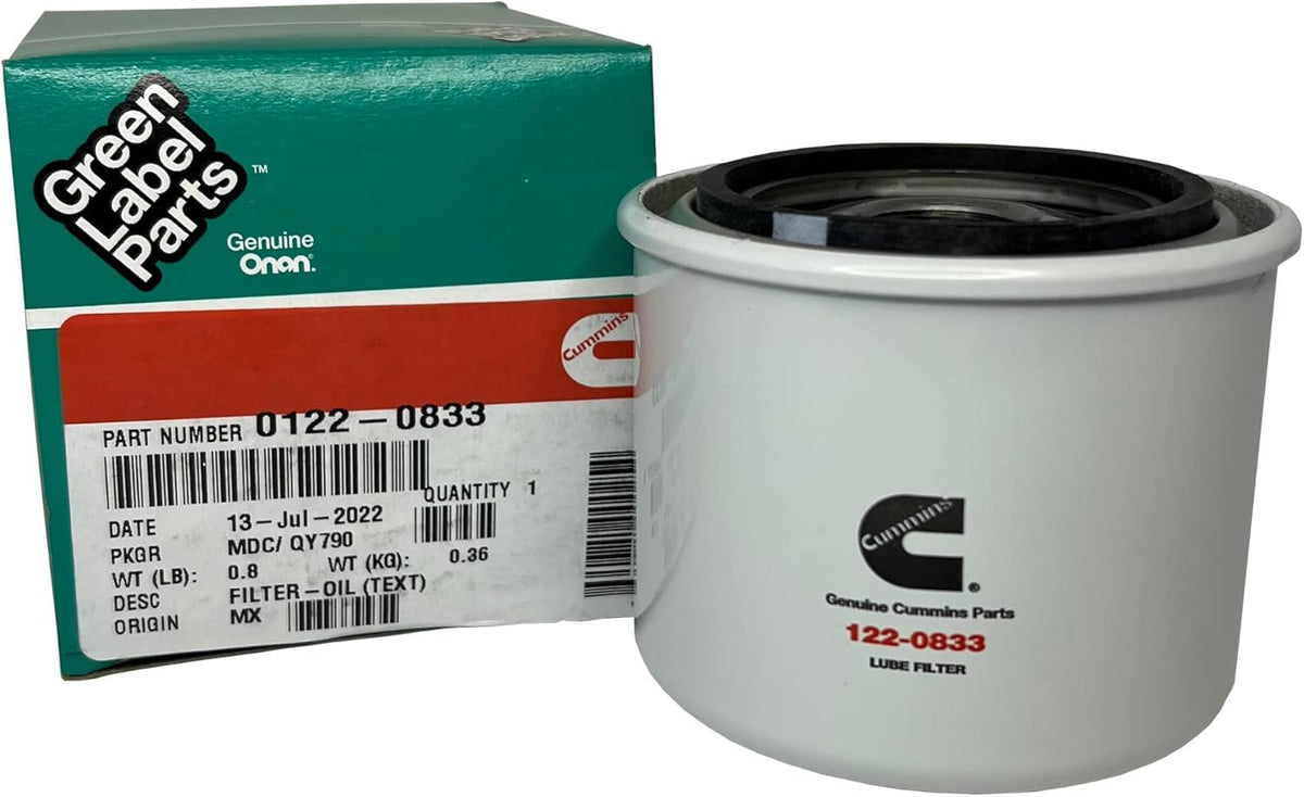 Cummins Onan 122-0833 oil filter compatible with HDKAJ and KDKBA generators
