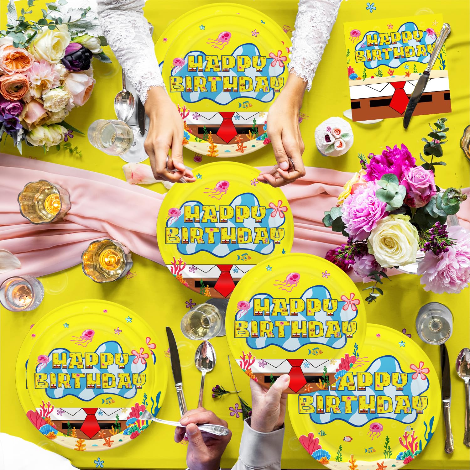 Overall layout of the 104-piece yellow birthday decorations tableware