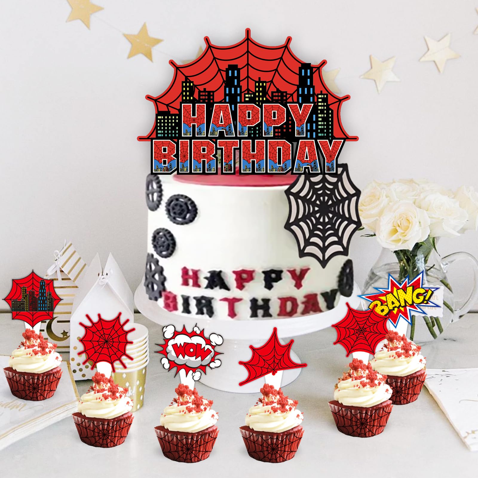 24 cupcake toppers with superhero style designs