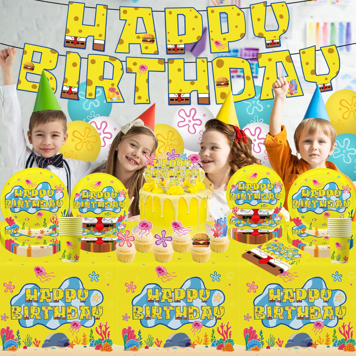 Nine yellow balloons included for birthday decor