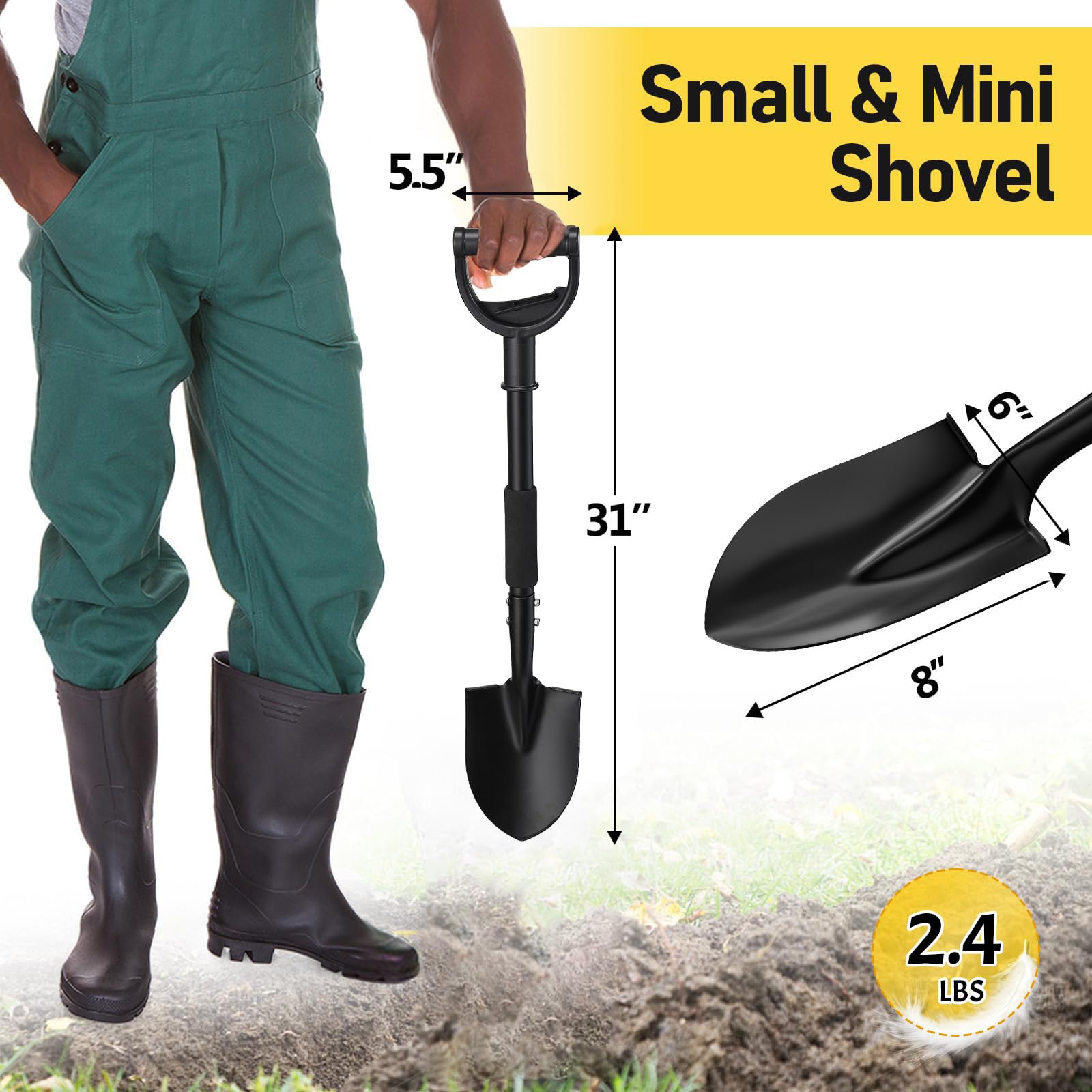 Ergonomic curved D-handle and foam padding grip on shovel