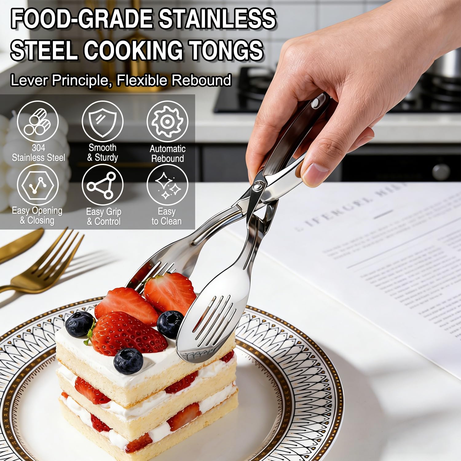 Curved-handle tongs designed for comfortable grip during grilling