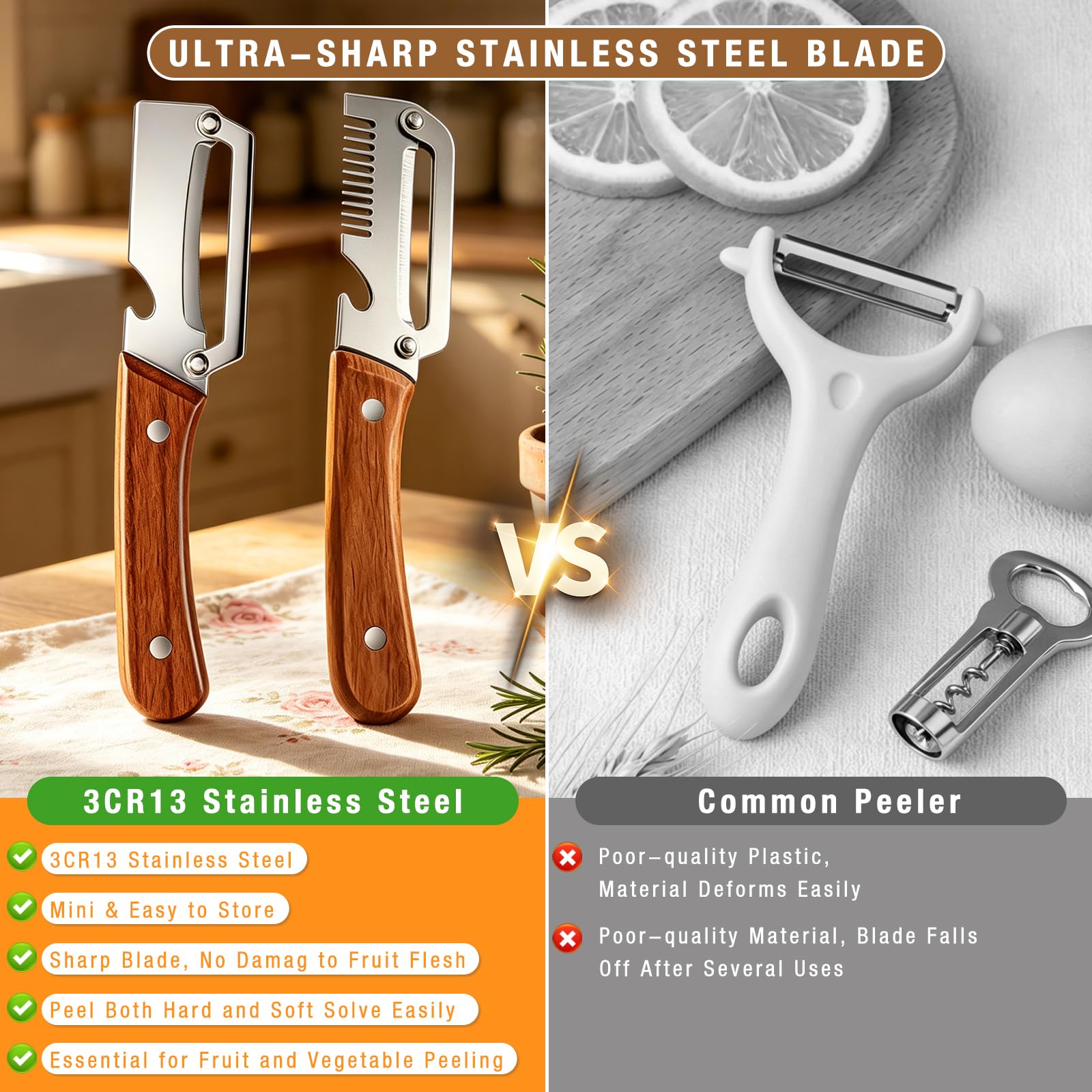 Serrated stainless steel blade for peeling and julienning