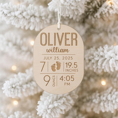 Custom baby stats birch wood ornament detail