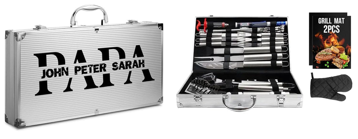 Custom BBQ Set 34-piece stainless steel grill tools in aluminum case
