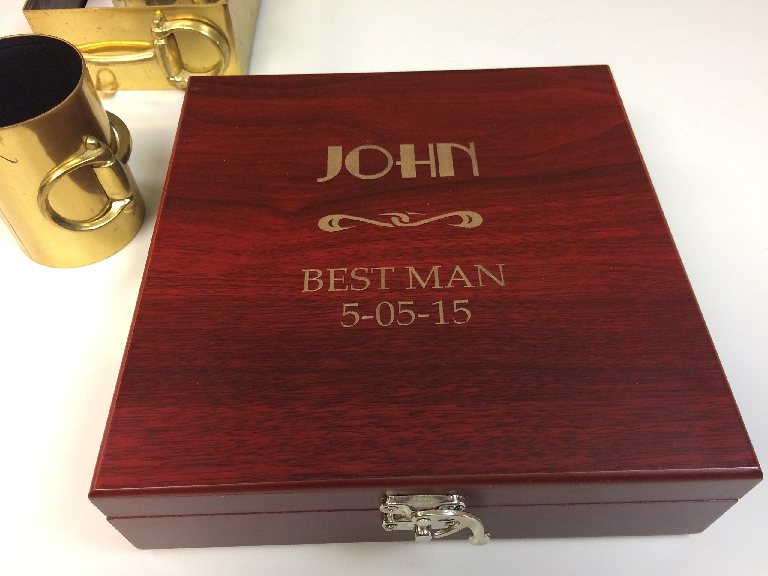 Rosewood gift box with engraved Flask Wallet Knife for Groomsmen