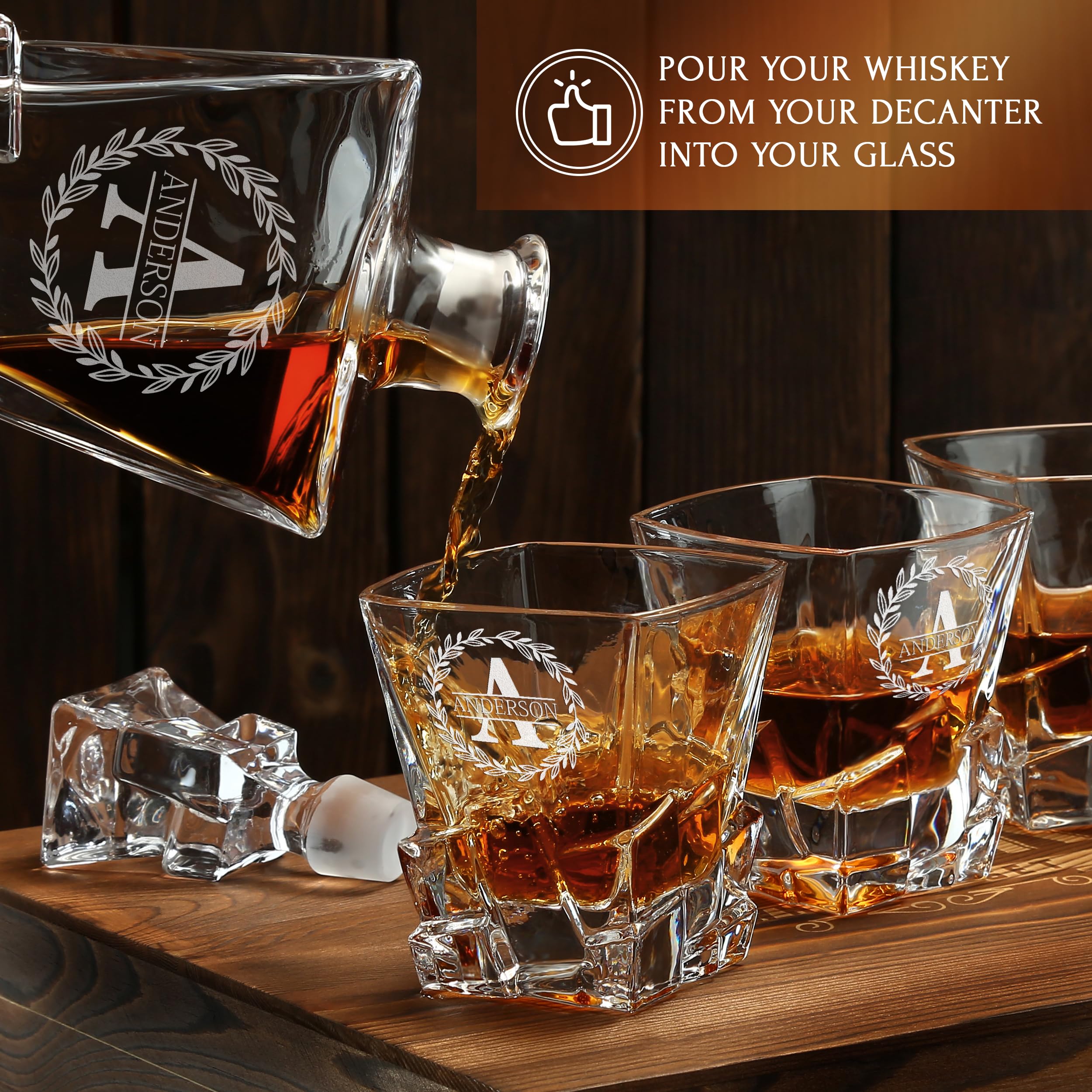 Custom engraving options for box decanter and glasses