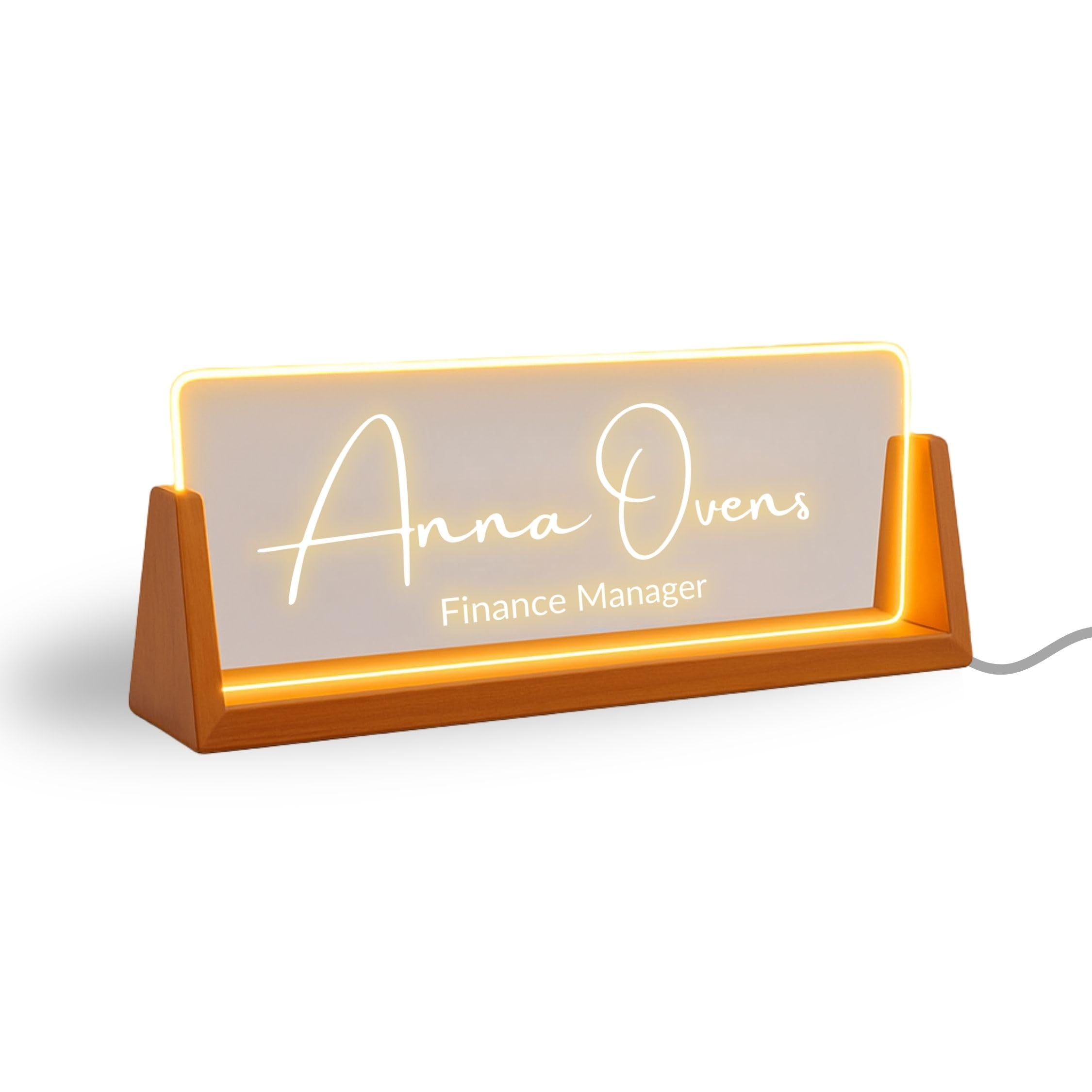 Custom LED Name Plate for Professionals with wooden base and clear acrylic