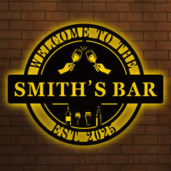Custom metal bar sign for home bar with personalized design