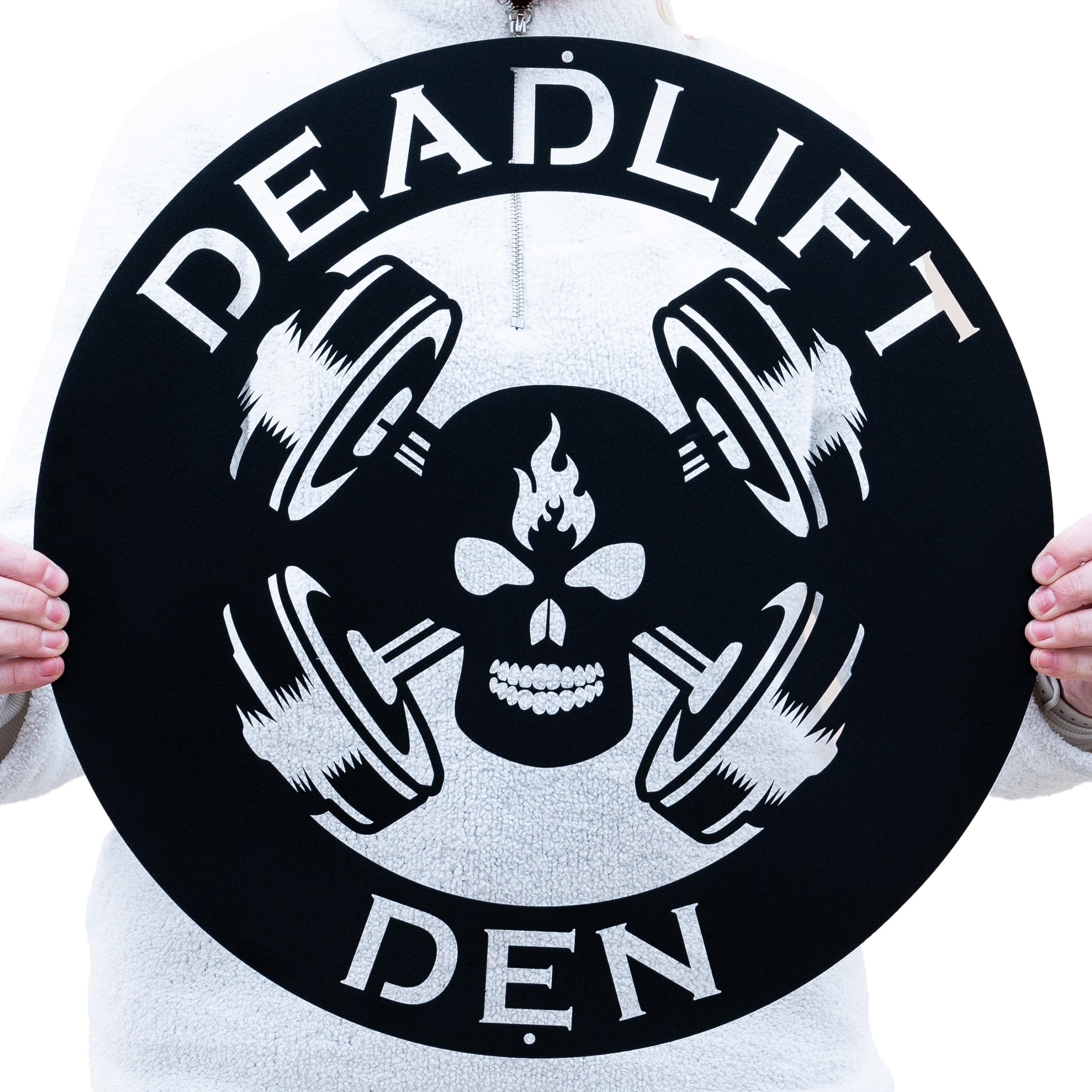 Custom Metal Skull Barbell Gym Name Sign front view