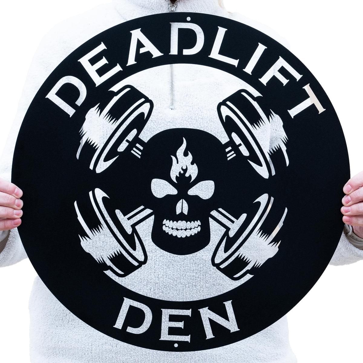 Custom Metal Skull Barbell Gym Name Sign front view