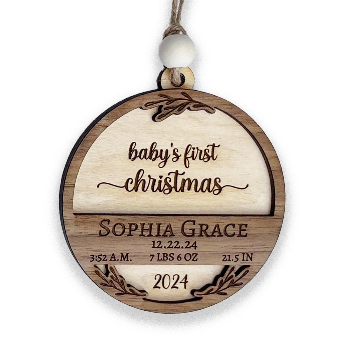 Custom personalized laser engraved wooden ornament for baby's first christmas