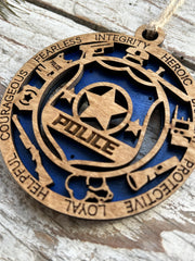 Custom Police Ornament two-layer wood design with hanging twine