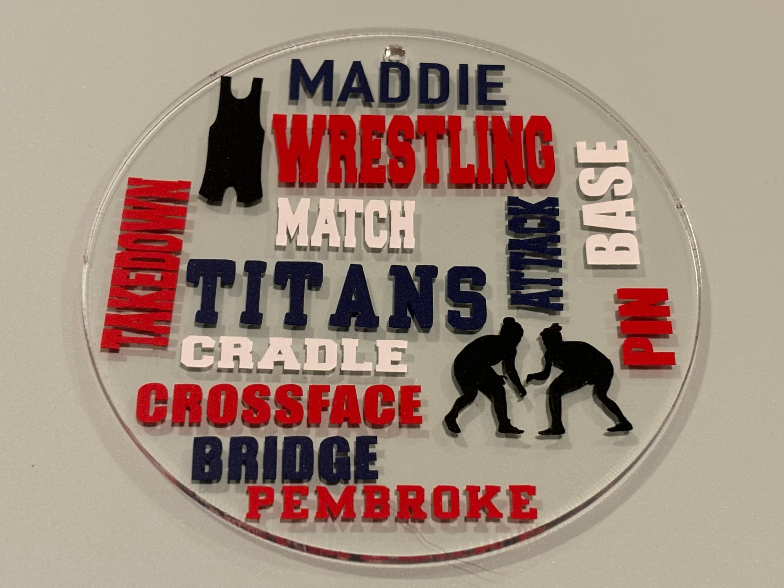 Hanging display of personalized wrestling ornament on tree