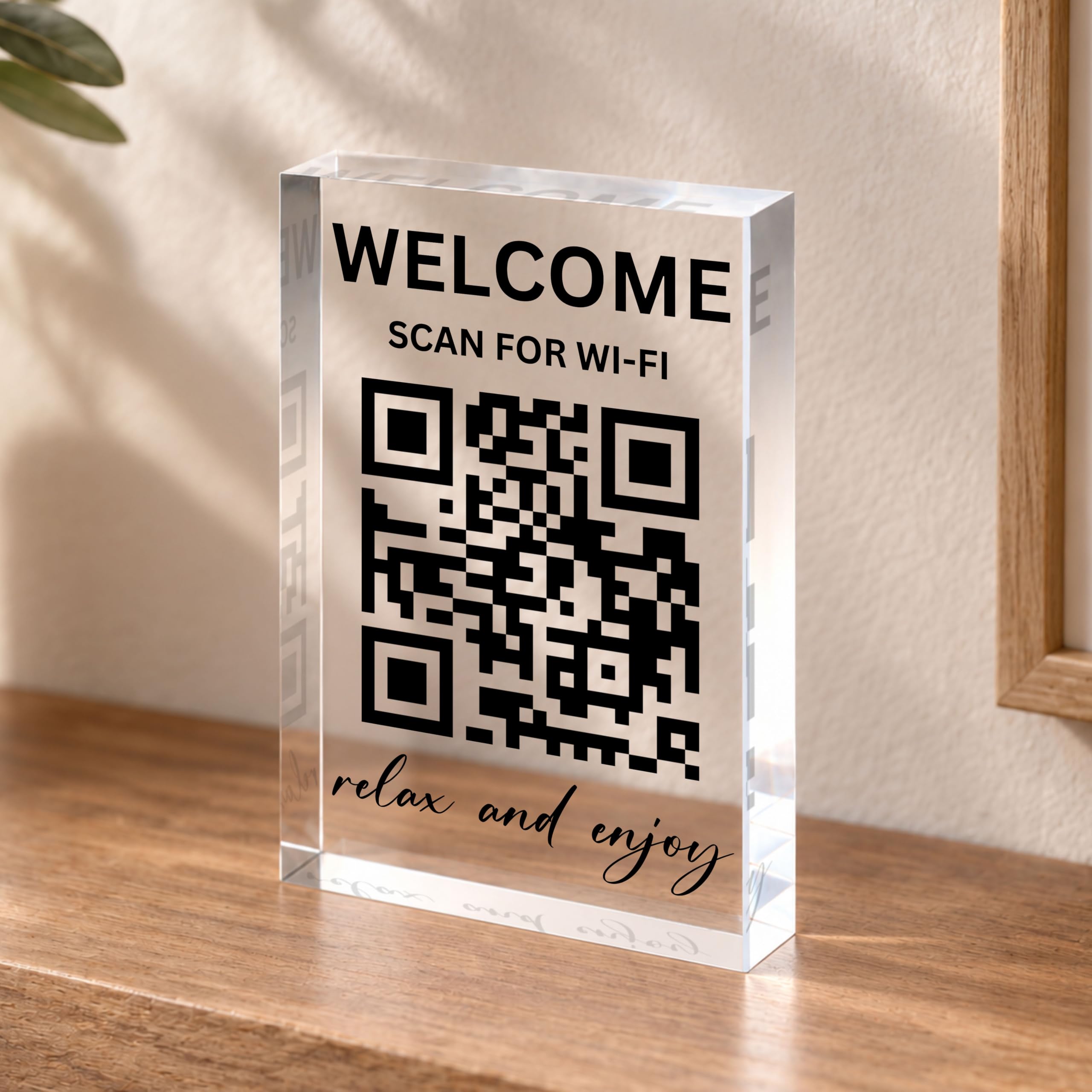 UV printed acrylic wifi sign showing SSID and password
