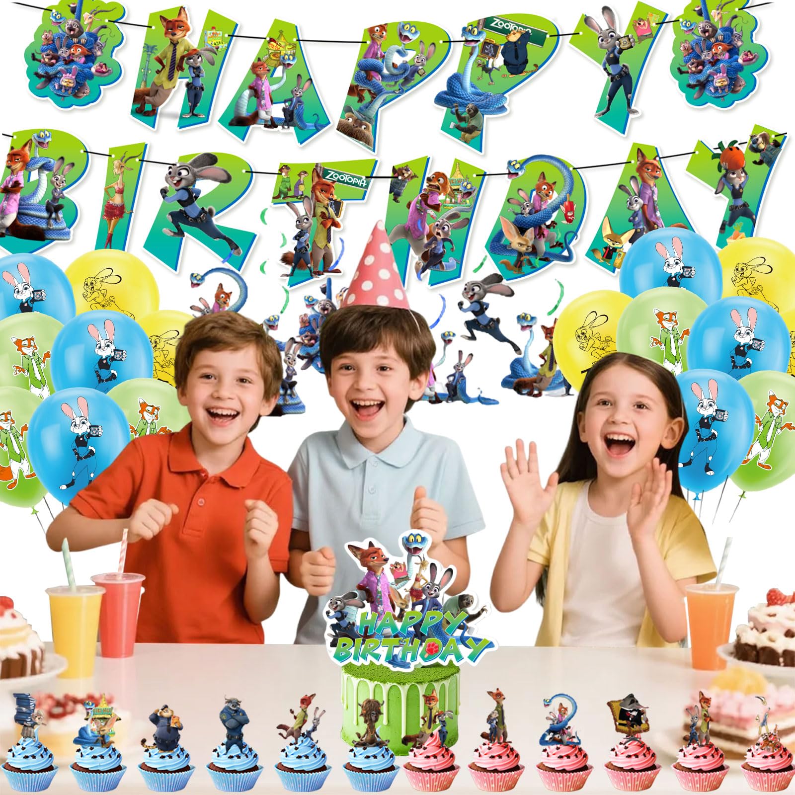 Cute Animal Birthday Decorations set with balloons and swirls