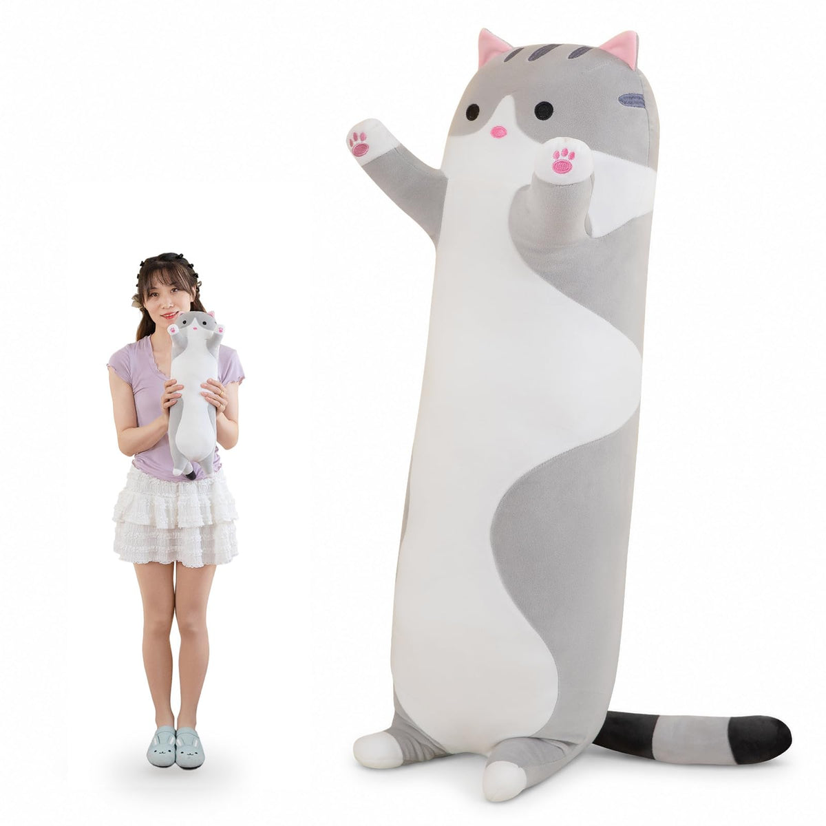 Cute Cat Plush Long Body Pillow gray 19 inches 1 count