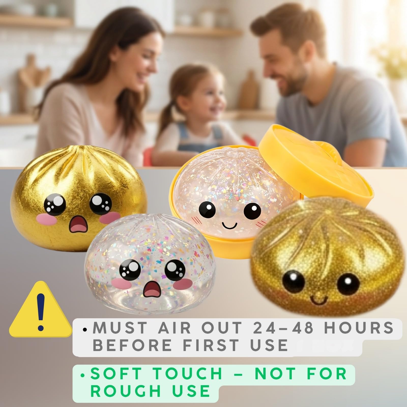 Steamer-style box packaging featured with Glitter Dumpling Squishy Mystery Box