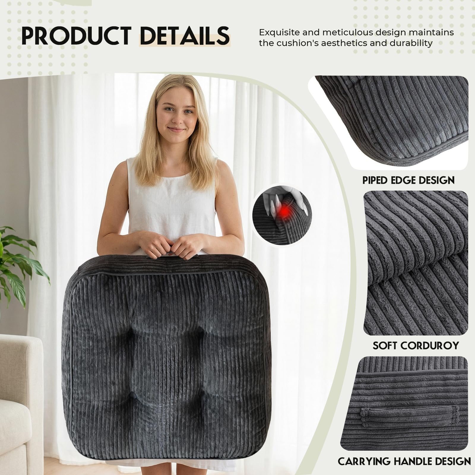 Dark gray Morandi grey corduroy cushion with tufted buttons