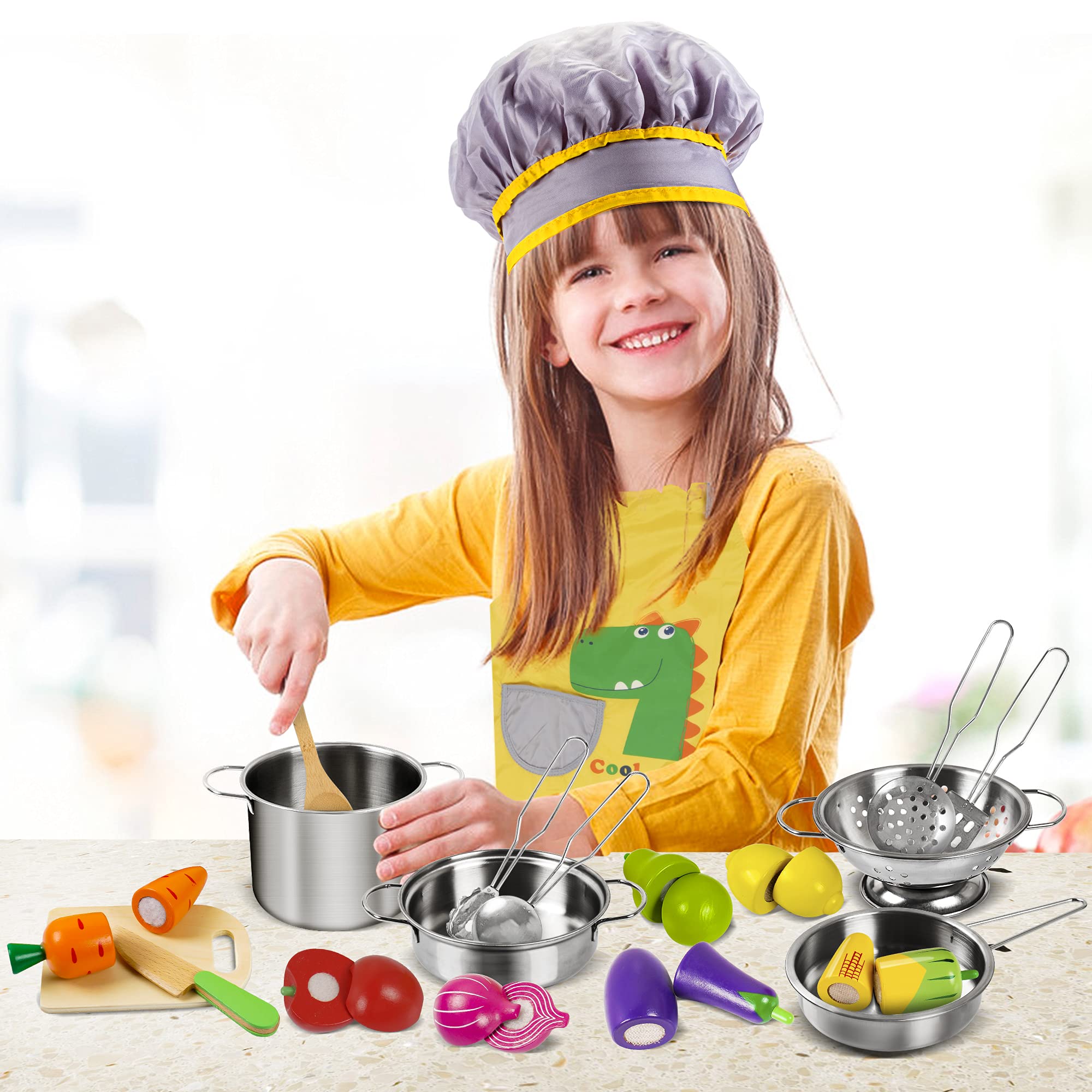 Storage box and wooden tableware for kids kitchen playset