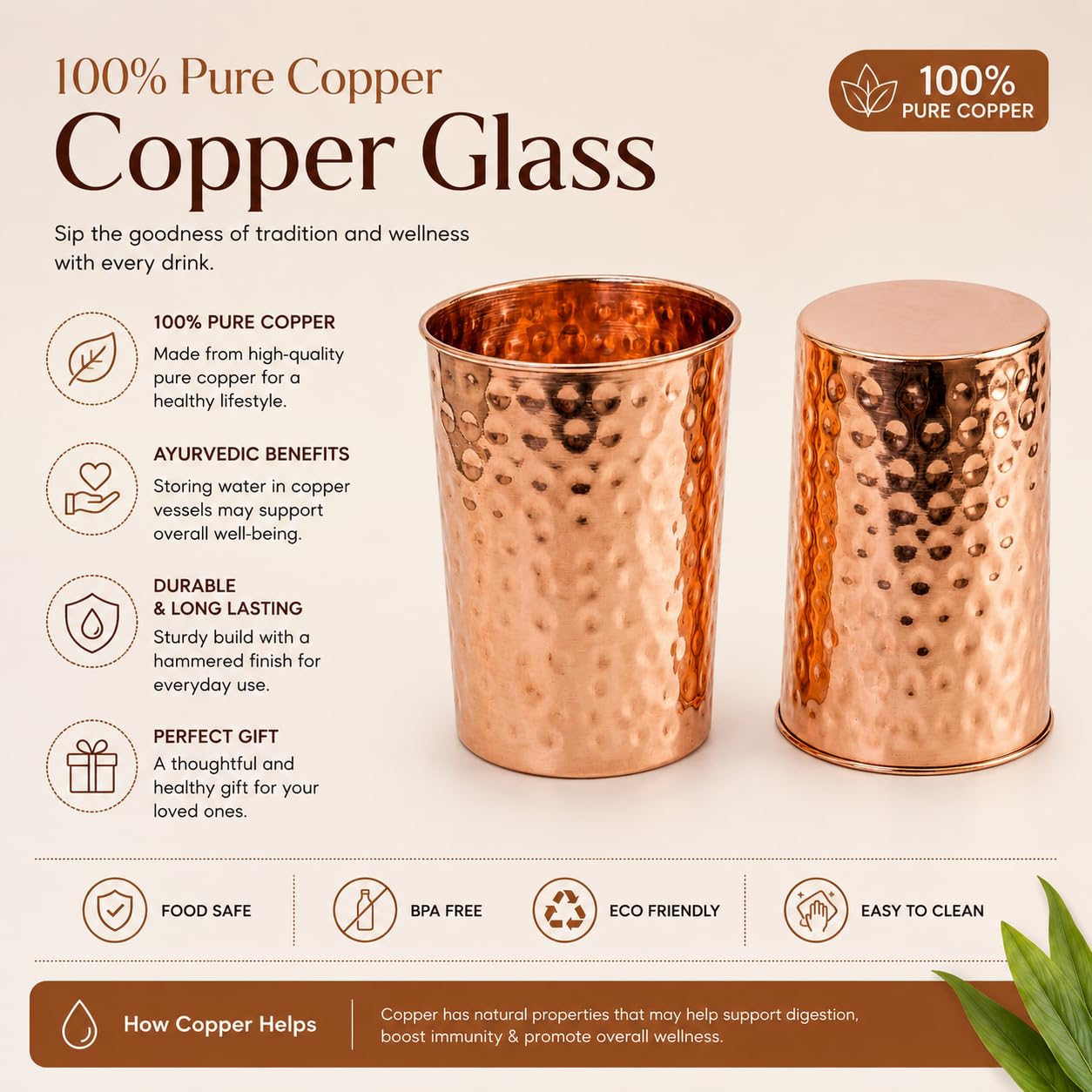 Cuvera copper drinking cups set 2 with hammered finish