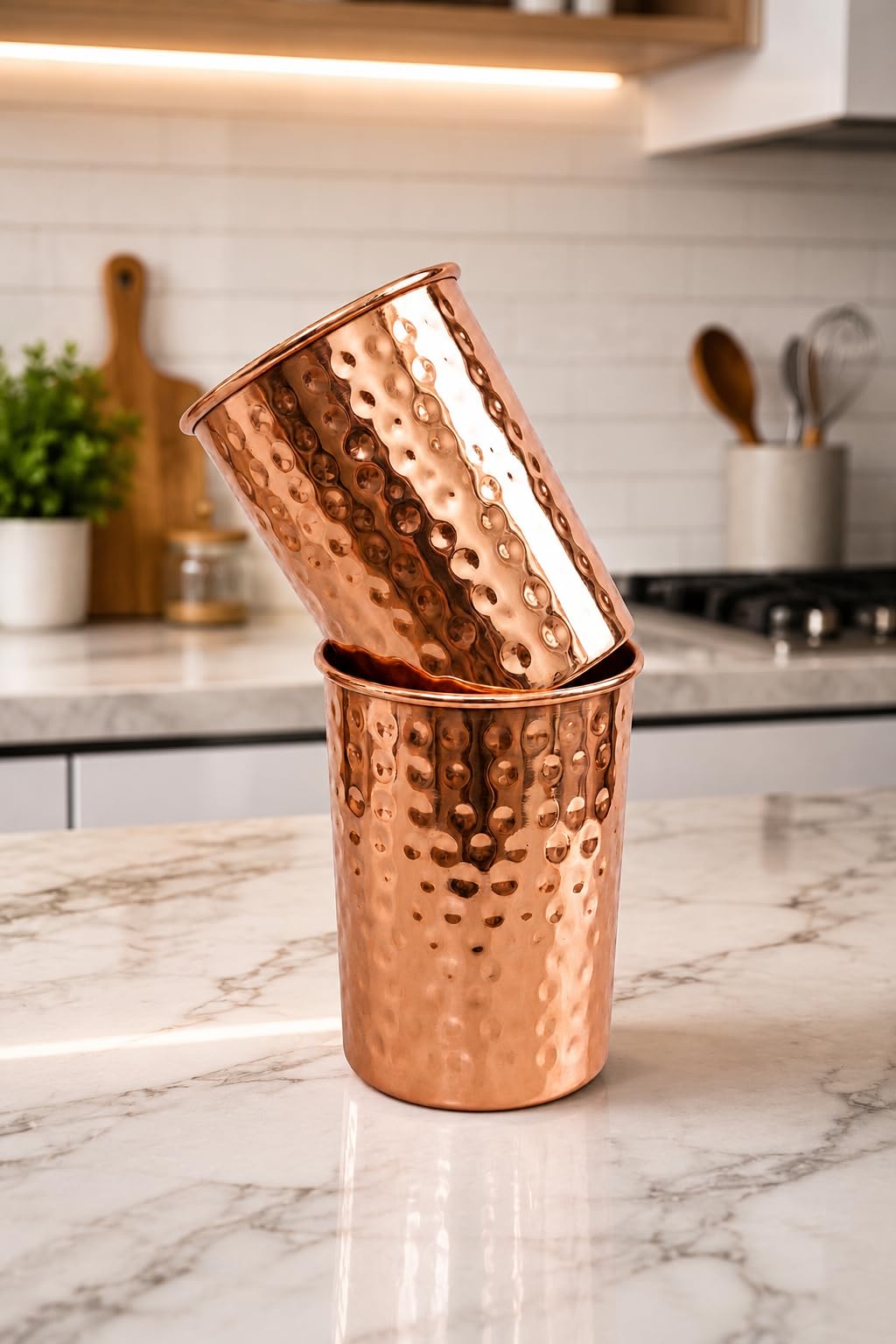 Close up of hammered copper drinking cups Cuvera 300 ml