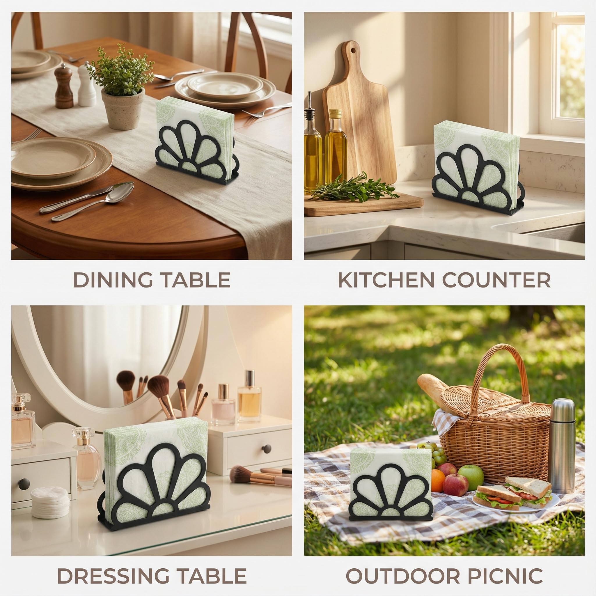 Open-slot floral design napkin holder in black metal
