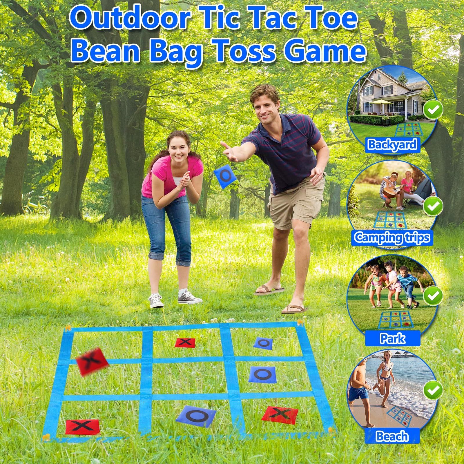 Giant tic tac toe grid setup with 4-foot nylon straps and stakes