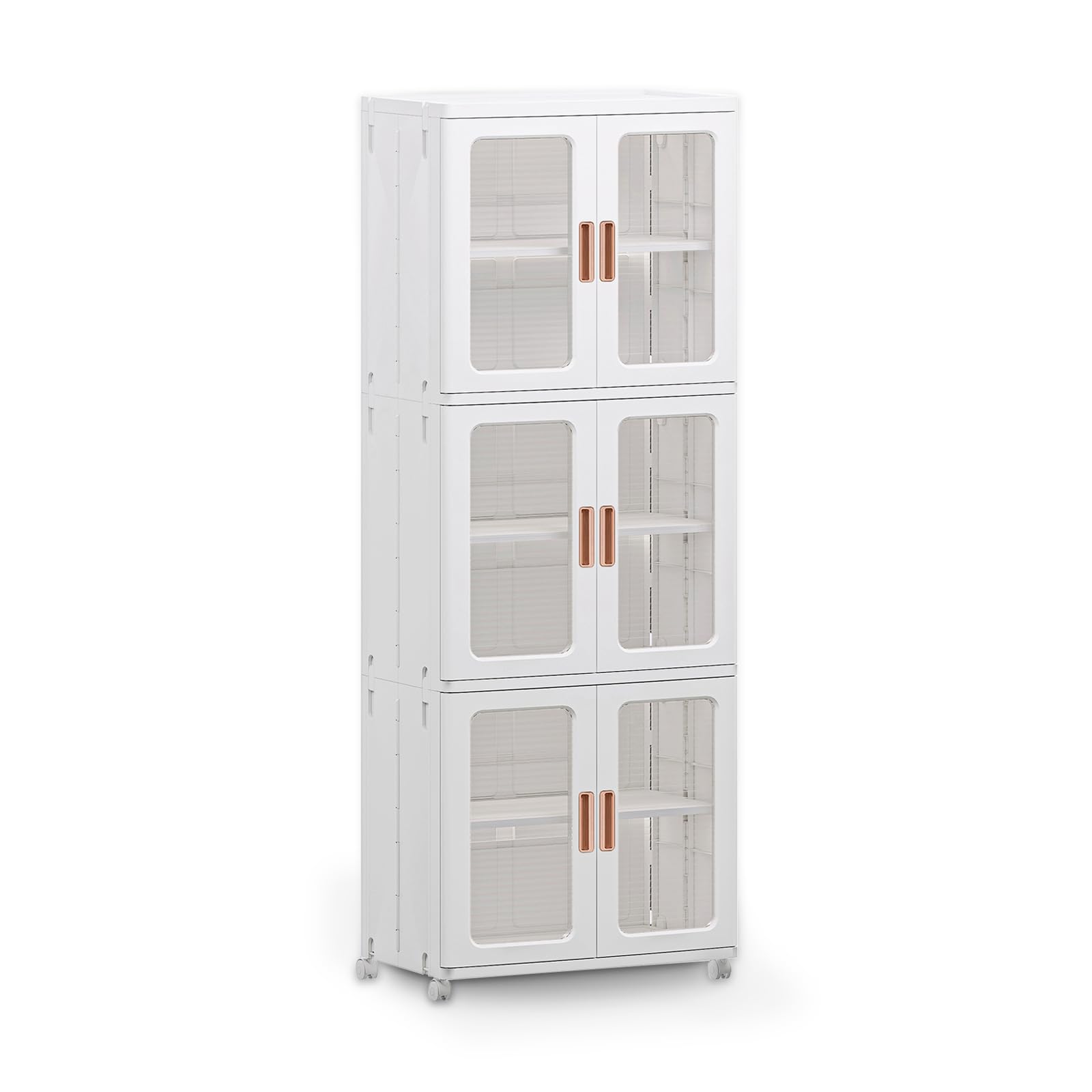 Plastic storage cabinet with locking wheels in use