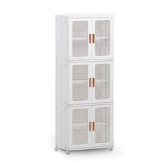 Plastic storage cabinet with locking wheels in use