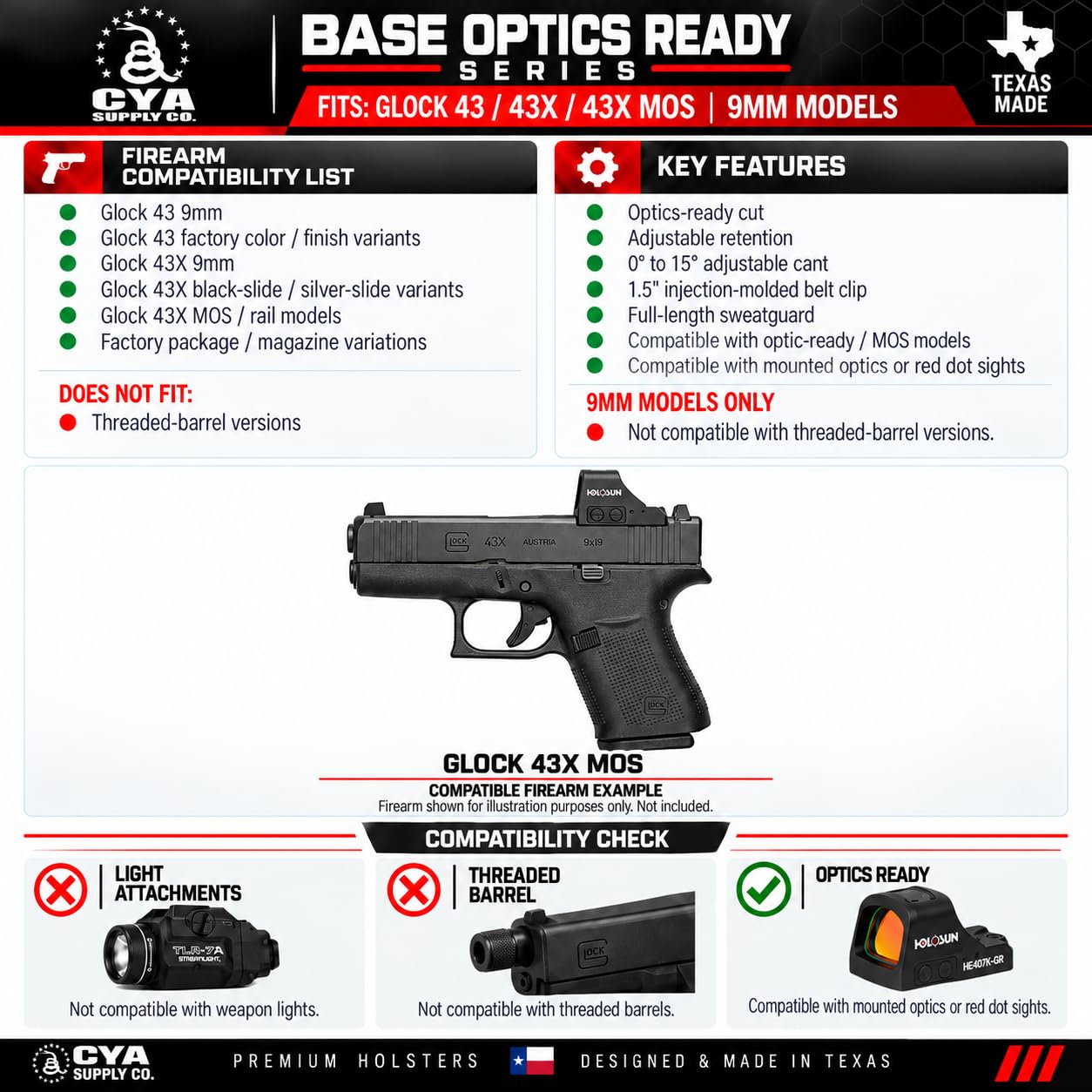 CYA Supply Co base optic ready IWB holster Glock 43xmos black