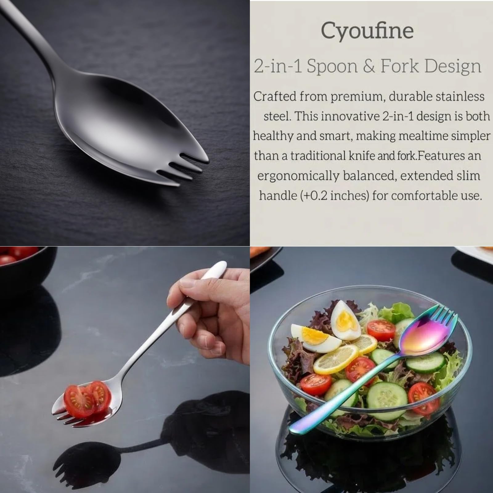 18/10 stainless steel spork with mirror finish and 600°F heat resistance