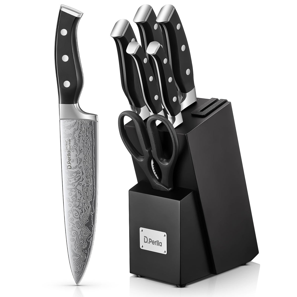 D.Perlla knife set with built in sharpener on block