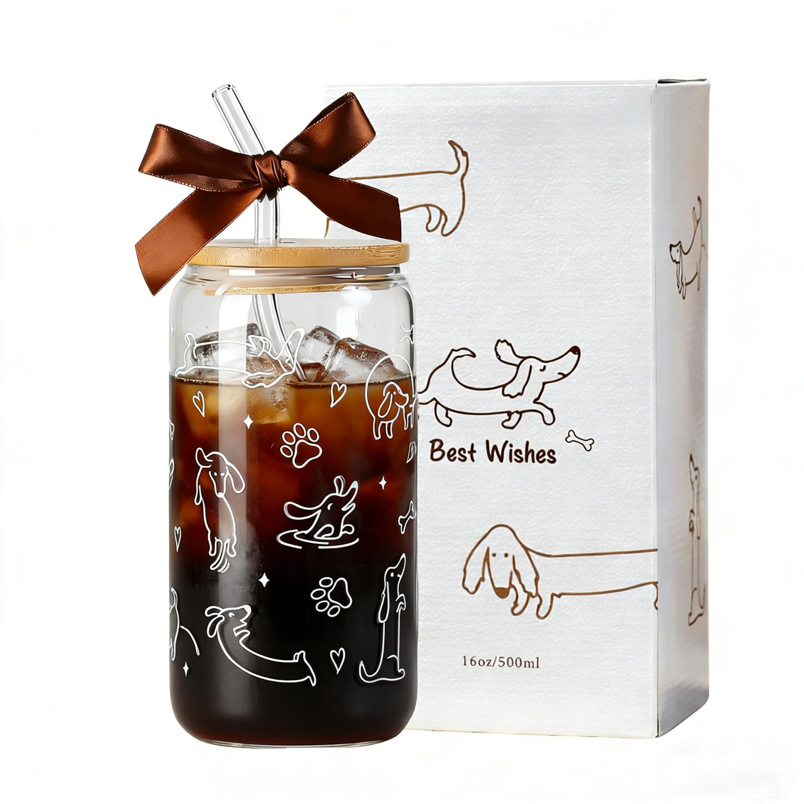 Dachshund Gift for Women glass cup 16oz with lid and straw