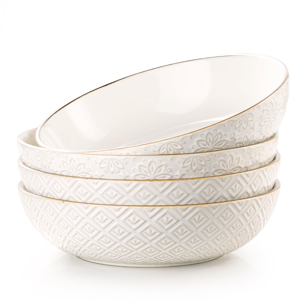 Dafuceramic pasta bowl set 4 Arctic white embossed pattern