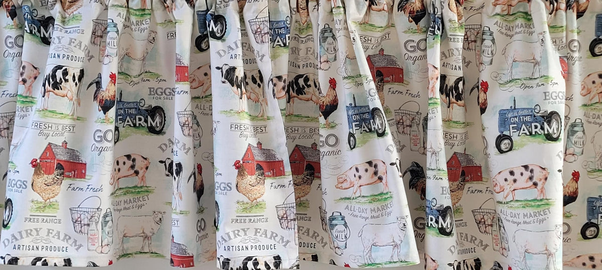 Dairy Farm Themed valance with cream background 41-42in wide by 15in long