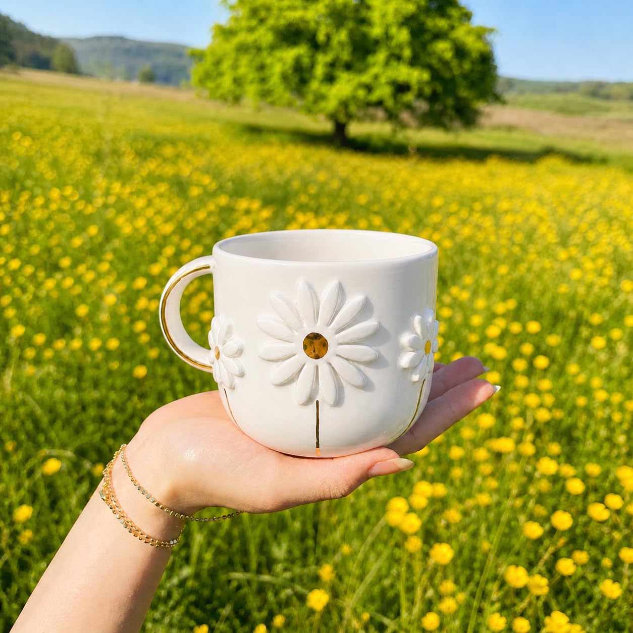 Daisy floral mug closeup with satin white glaze