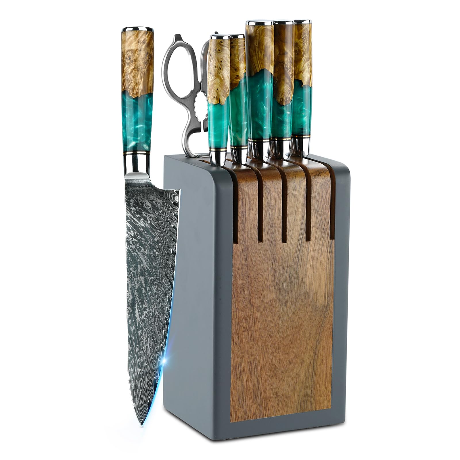 Seven piece Damascus knife set with block