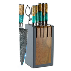 Seven piece Damascus knife set with block