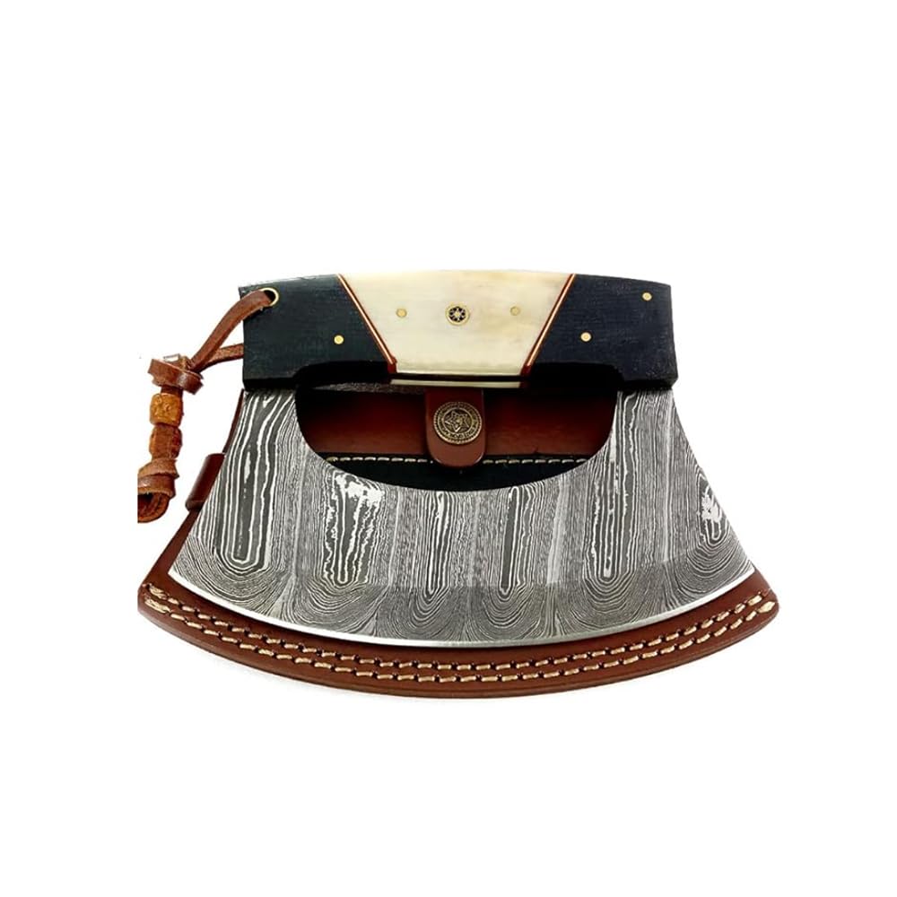 Damascus Steel Alaska Rocker Ulu Knife with leather sheath