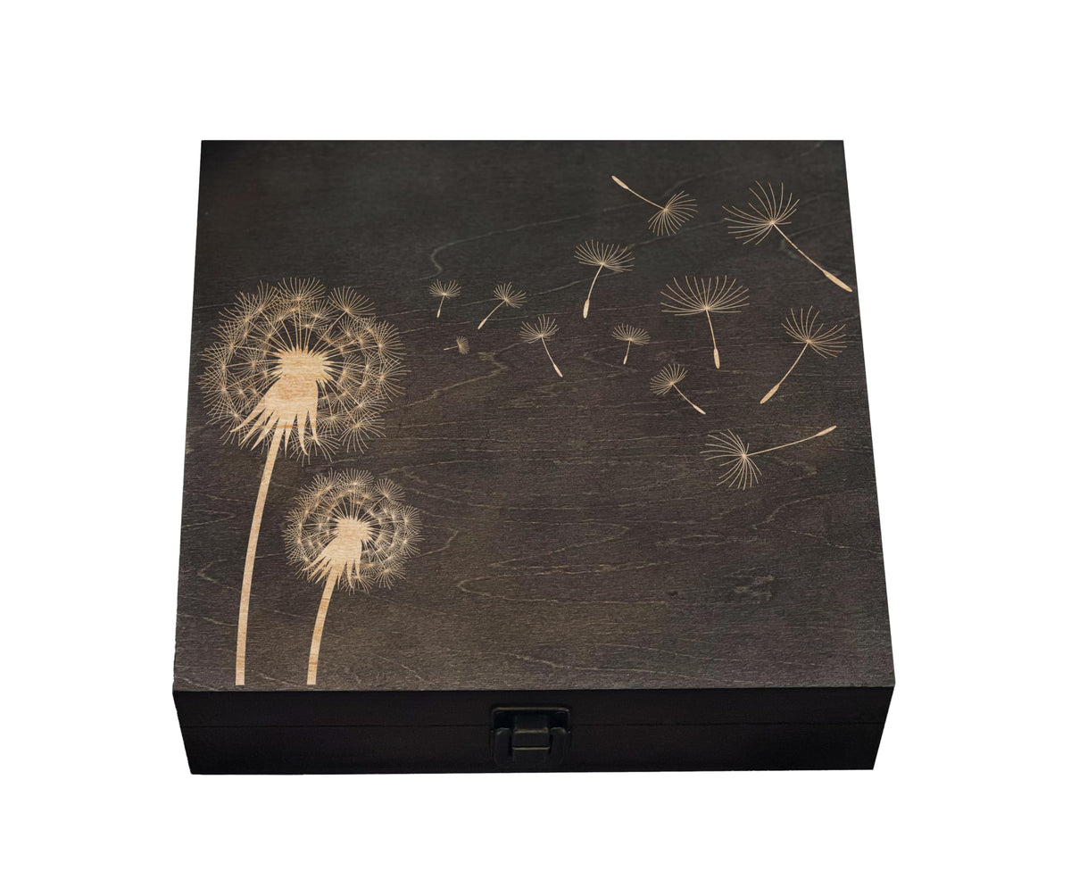 Dandelions wooden box exterior with flowers design and 8.5 x 8 x 2.5 in dimensions
